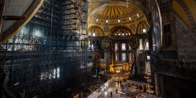 ISTANBUL, TURKEY - FEBRUARY 11: The interior of the Hagia Sophia Museum is seen on February 11, 2016 in Istanbul, Turkey. The Hagia Sophia (Ayasofya) Museum is one of the most visited tourist attractions in Turkey, with more than 3 million visitors per year. Constructed in 537 the museum originally served as an Orthodox Cathedral, later a Roman Catholic church and was converted into a mosque when Constantinople was conquered by the Ottoman Turks in 1453. In 1935 it was opened as a museum by the Republic of Turkey. The museum is currently undergoing restoration on various parts of the interior. (Photo by Chris McGrath/Getty Images)