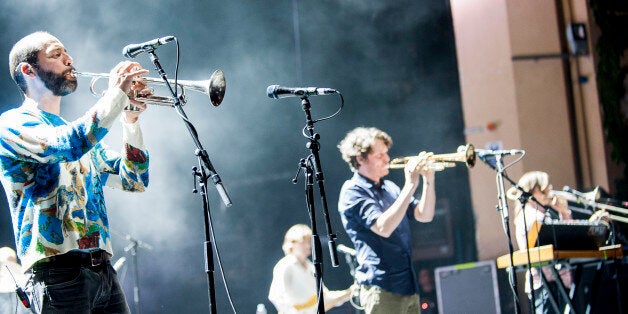 LONDON, ENGLAND - SEPTEMBER 24: Kyle Resnick, Zach Condon, Paul Collins, Ben Lanz of Beirut perform at O2 Academy Brixton on September 24, 2015 in London, England. (Photo by Nick Pickles/WireImage)