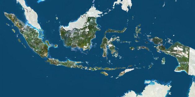 Satellite view of Indonesia (with border and mask). This image was compiled from data acquired by LANDSAT 5 & 7 satellites.