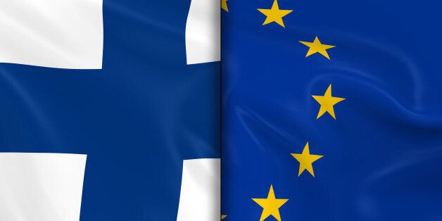 Flags of Finland and the European Union Split Down the Middle - 3D Render of the Finnish Flag and EU Flag with Silky Texture