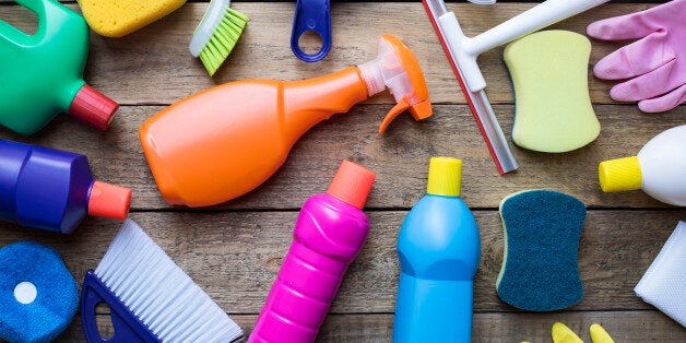 House cleaning product on wood table