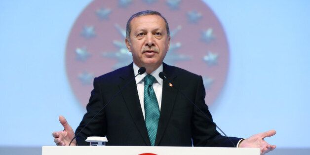 Turkey's President Recep Tayyip Erdogan addresses the members of an educational foundation in Istanbul, Monday, May 30, 2016. Erdogan has spoken out against birth control and family planning, saying they go against Muslim traditions. Speaking at an educational foundation in Istanbul on Monday, Erdogan declared: