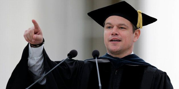 Actor Matt Damon gestures during his address at the Massachusetts Institute of Technology's commencement in Cambridge, Mass., Friday, June 3, 2016. Damon won an Academy Award for co-writing the 1997 film