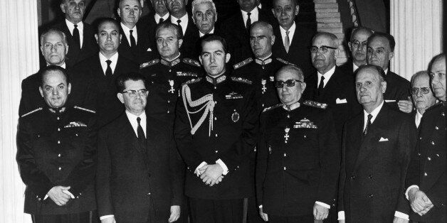 GREECE - APRIL 26: The Government Of Greek Colonels: Left To Right, Colonel George Papadopoulos, Vice-Prime Minister, Christos Kollias Prime Minister, The King Constantin Ii, Gregorios Spendidakis Minister Of National Defense And On The Far Right, The Minister Of Coordination, Colonel Makanezos, On April 26Th 1967. (Photo by Keystone-France/Gamma-Keystone via Getty Images)
