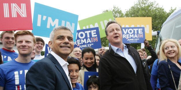 Britain's Prime Minister David Cameron (R) makes a joint appearance with the Mayor of London Sadiq Khan, (L) as they launch the 'Britain Stronger In Europe' guarantee card in west London on May 30, 2016, ahead of the EU referendum in Britain on June 23, 2016. / AFP / POOL / Yui Mok (Photo credit should read YUI MOK/AFP/Getty Images)