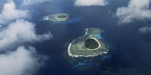 Coral islets, aerial view, Pacific Ocean, Tonga