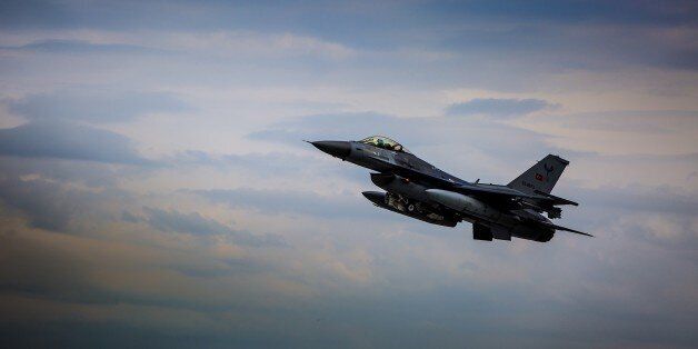 KONYA, TURKEY - MAY 12: A F-16 plane belonging to the Turkish Air Forces is seen in the sky during the NATO Tiger Meet 2015 drill press tour at the Konya 3rd Main Jet Base Command in Konya, Turkey on May 12, 2015. France, Italy, NATO, Poland, Switzerland, Holland and Turkish Armed Forces took part in the NATO Tiger Meet 2015 drill press tour. The Turkish Air Forces participated in the drill with its sixteen F-16 planes. (Photo by Orhan Akkanat/Anadolu Agency/Getty Images)