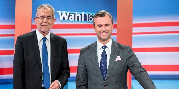 VIENNA, AUSTRIA - MAY 22: Presidential candidate of the Freedom Party (FPOe) Norbert Hofer (R) and Presidential candidate of Green Party, Alexander Van der Bellen (L) attend a TV programme at Governmental TV channel ORF on May 22, 2016 in Vienna, Austria. (Photo by Jan Hetfleisch/Getty Images)