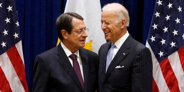U.S. Vice President Joe Biden, right, meets with President Nicos Anastasiades of Cyprus on the sidelines of the 69th session of the United Nations General Assembly at U.N. headquarters, Friday, Sept. 26, 2014. (AP Photo/Jason DeCrow)
