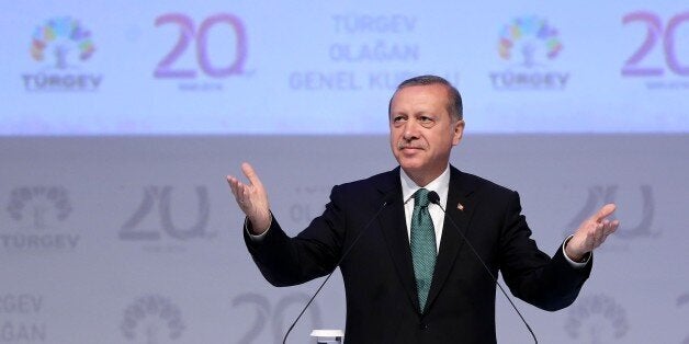 ISTANBUL, TURKEY - MAY 30 : Turkish President Recep Tayyip Erdogan speaks during the 20th anniversary of Service for Youth and Education Foundation of Turkey (TURGEV) at Halic Congress Center in Istanbul, Turkey on May 30, 2016. (Photo by Berk Ozkan/Anadolu Agency/Getty Images)