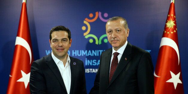 Turkish President Tayyip Erdogan (R) meets with Greek Prime Minister Alexis Tsipras during the World Humanitarian Summit in Istanbul, Turkey, May 23, 2016. Kayhan Ozer/Courtesy of Presidential Palace/Handout via REUTERS ATTENTION EDITORS - THIS PICTURE WAS PROVIDED BY A THIRD PARTY. FOR EDITORIAL USE ONLY. NO RESALES. NO ARCHIVE.
