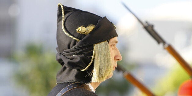 SYNTAGMA SQUARE, ATHENS, ATTICA, GREECE - 2015/05/19: Close-up of an Evzone (Greek Presidential Guard), dressed in the black traditional uniform of Pontic soldiers. Greeks from the Pontus region (Black Sea) hold a commemoration ceremony for the anniversary of the Pontic genocide by the Ottoman Empire. The Pontic genocide is the ethnic cleansing of the Christian Greek population from the Pontus area in Turkey during World War I and its aftermath. (Photo by Michael Debets/Pacific Press/LightRocket via Getty Images)