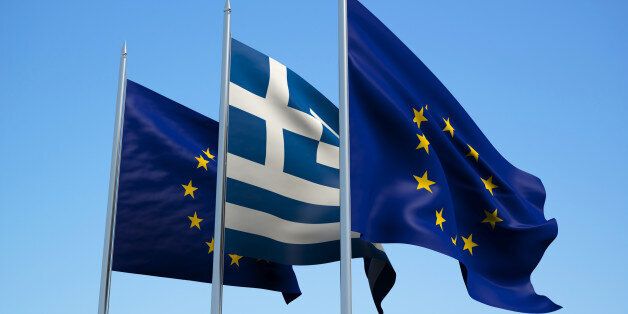 Greece and EU flags waving in the wind with a blue sky background. 3d illustration
