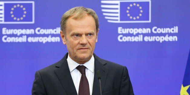 BRUSSELS, BELGIUM - MAY 3: President of the European Council Donald Tusk delivers a speech during a joint press conference with the President of the European Commission Jean-Claude Juncker (not seen) and Japanese Prime Minister Shinzo Abe (not seen) after the EU - Japan leaders' meeting at the EU headquarters in Brussels on May 3, 2016. (Photo by Dursun Aydemir/Anadolu Agency/Getty Images)
