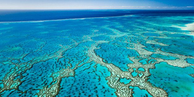 Aerial view of coral formations at Hardys Reef. Great Barrier Reef Marine Park, Whitsundays, Queensland, Australia