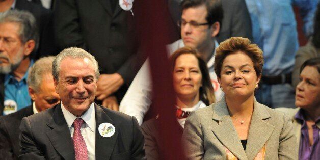 BELO HORIZONTE, BRAZIL - JUNE 30: Presidential candidate Dilma Roussef (R) and her vice Michel Temer attend a convention of PMDB-PT coalition to formalize their candidates to the government of Minas Gerais and Senate on June 30, 2010 in Belo Horizonte, Brazil. (Photo by Alexandre Guzanshe/FotoArena/LatinContent/Getty Images)