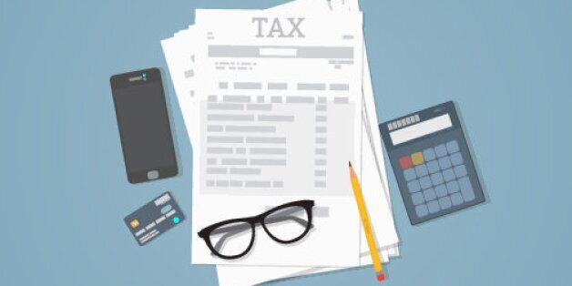 Flat illustration. Documents, pencil, business papers, calculator, glasses. Tax calculation.