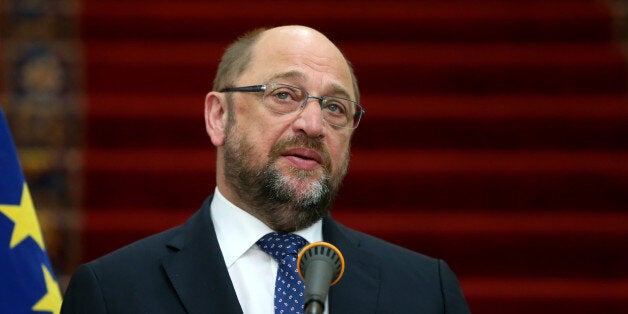 European Parliament President Martin Schulz speaks during a press conference with Iran's Parliament speaker Ali Larijani after their meeting in Tehran, Iran, Saturday, Nov. 7, 2015. (AP Photo/Ebrahim Noroozi)