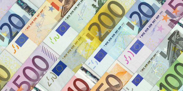 Euro banknotes photographed as a background. They have been placed in a row the one next to the other. The frame of the photograph is square and the theme is full frame