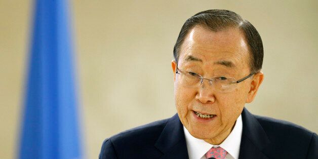 U.N. Secretary-General Ban Ki-moon addresses the Conference on the Prevention of Violent Extremism at the United Nations in Geneva, Switzerland, April 8, 2016. REUTERS/Denis Balibouse