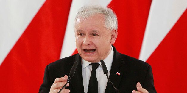 Jaroslaw Kaczynski, the head of the ruling Law and Justice party in Poland, delivers a speech on Monday May 2, 2016 in Warsaw, Poland. Kaczynski welcomed a NATO plan to build up forces in the region, saying it means Poland will stop being a