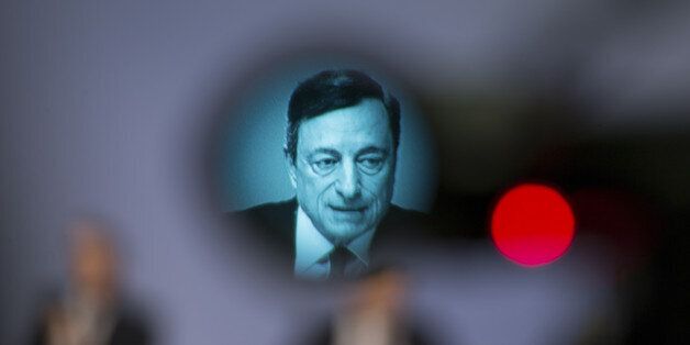 Mario Draghi, president of the European Central Bank (ECB), is displayed on a television camera viewfinder during a news conference to announce the bank's interest rate decision at the ECB headquarters in Frankfurt, Germany, on Thursday, April 21, 2016. The ECB left its interest rates at record lows and kept the size of its bond-buying program unchanged as Draghi waits to see how fresh stimulus measures announced last month affect the economy. Photographer: Jasper Juinen/Bloomberg via Getty Images