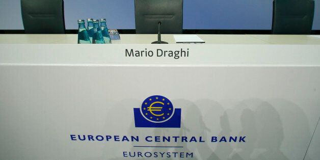 An empty seat of the European Central Bank President Mario Draghi is pictured ahead of the news conference at the ECB headquarters in Frankfurt, Germany, April 21, 2016. REUTERS/Ralph Orlowski
