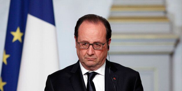 PARIS, FRANCE - MAY 02: French President Francois Hollande attends a joint press conference with Japanese Prime Minister Shinzo Abe at the Elysee Presidential Palace on May 2, 2016 in Paris, France. Shinzo Abe began a week-long trip to several European countries and Russia prior to the G7 Summit to be held on May 26 and 27, 2016 in Japan. (Photo by Chesnot/Getty Images)