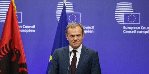 BRUSSELS, BELGIUM - APRIL 27: EU Council President Donald Tusk delivers a speech during his joint press conference with Albanian President Bujar Nishani as part of their talks in Brussels, Belgium on April 27, 2016. (Photo by Dursun Aydemir/Anadolu Agency/Getty Images)