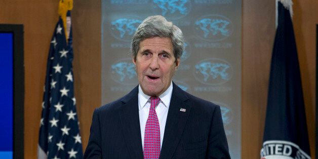 Secretary of State John Kerry presents the 2015 Country Reports on Human Rights Practices, Wednesday, April 13, 2016, at State Department in Washington. ( AP Photo/Jose Luis Magana)