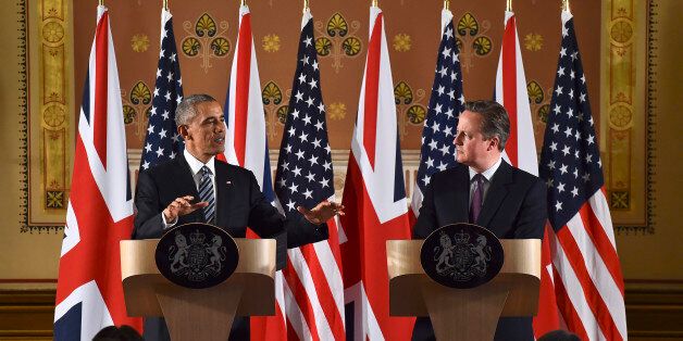 LONDON, ENGLAND - APRIL 22: US President Barack Obama (L) and British Prime Minister David Cameron during a press conference at the Foreign and Commonwealth Office on April 22, 2016 in London, England. The President and his wife are currently on a brief visit to the UK where they attended lunch with HM Queen Elizabeth II at Windsor Castle and later will have dinner with Prince William and his wife Catherine, Duchess of Cambridge at Kensington Palace. Mr Obama visited 10 Downing Street on this Friday afternoon and held a joint press conference with British Prime Minister David Cameron where he stated his case for the UK to remain inside the European Union. (Photo by Ben Stanstall - WPA Pool/Getty Images)