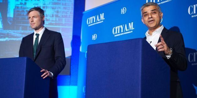Conservative Party candidate Zac Goldsmith (L) and Labour candidate Sadiq Khan (R) take part in a Mayoral debate in central London on April 12, 2016The two candidates are vying to become the next mayor of London in the upcoming May 5 elections. / AFP / NIKLAS HALLE'N (Photo credit should read NIKLAS HALLE'N/AFP/Getty Images)