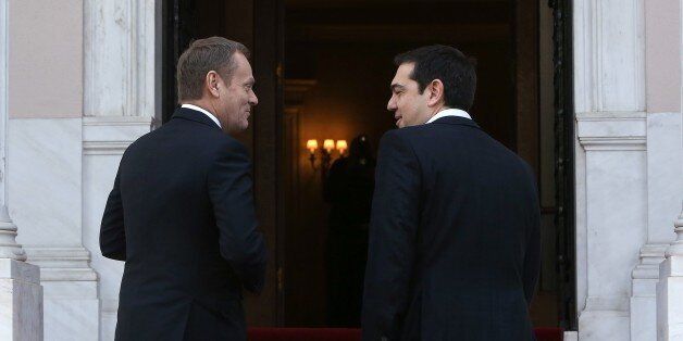 ATHENS, GREECE - MARCH 03: President of the European Council, Donald Tusk (L) meets Greek Prime Minister Alexis Tsipras (R) during his official visit in Athens, Greece on March 03, 2016. (Photo by Ayhan Mehmet/Anadolu Agency/Getty Images)