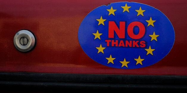 A car sticker with a logo encouraging people to leave the EU is seen on a car, in Llandudno, Wales, February 27, 2016. REUTERS/Phil Noble