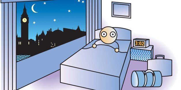 USA - 2005: 3 col x 4.25 in / 146x108 mm / 497x367 pixels Noah Musser color illustration of sleepless traveler lying wide-awake in London hotel room at 3 a.m. (The Kansas City Star/MCT via Getty Images)