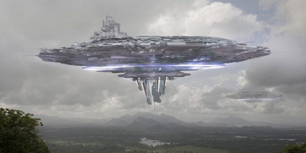 Alien spacecraft approaching the mystical site of Sigiriya in Sri Lanka