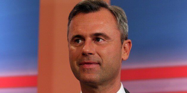 Norbert Hofer, candidate of Austria's Freedom Party, FPOE, smiles during the release of the first election results of the Austria presidential elections in Vienna, Austria, Sunday, April 24, 2016. (AP Photo/Ronald Zak)