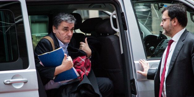 BRUSSELS, BELGIUM - 2016/02/11: Eurogroup Meeting in Brussels with the Finance Ministers of the European Union. Euclid Tsakalotos, Finance Minister of Greece, arriving at the meeting. (Photo by Aurore Belot/Pacific Press/LightRocket via Getty Images)