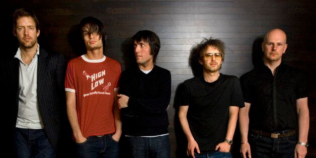 Radiohead band members, from left, Ed O'Brien, guitar, Jonny Greenwood, lead guitar, Colin Greenwood, bass guitar, Thom Yorke, lead vocalist, and drummer Phil Selwayan pose in their hotel room, Tuesday, May 13, 2008, in Washington. (AP Photo/J. Scott Applewhite)