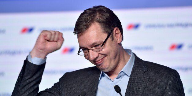 Serbian Prime Minster Aleksandar Vucic gestures during a press conference at the Serbian Progressive Party headquarters in Belgrade on April 24, 2016. Serbia's pro-European Prime Minister Aleksandar Vucic was set to win a landslide victory in April 24 general election, according to initial projections by independent observing group CESID. Vucic, 46, called the early election saying he needed a clear mandate to press ahead with the potentially unpopular reforms required to join the European Union. / AFP / ANDREJ ISAKOVIC (Photo credit should read ANDREJ ISAKOVIC/AFP/Getty Images)