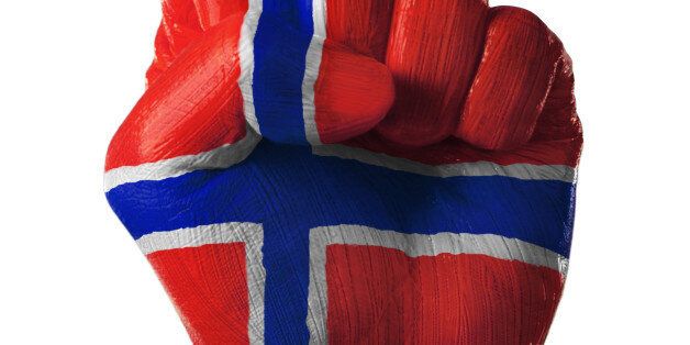 painted, flag, country, norway, colorful, nation, pride, power, propaganda, fierce, fist, punch, unity, one, together, fight, determination, revolt, politics, vote, culture, tradition, white background, cutout, closeup, hand, one man only, cutout, studio shot