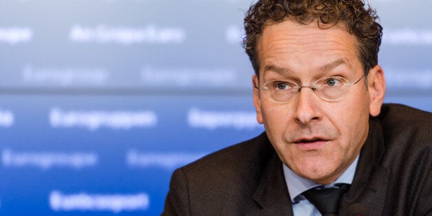 Dutch Finance Minister and chair of the eurogroup finance ministers Jeroen Dijsselbloem addresses the media after a meeting of eurogroup finance ministers at the EU Council building in Luxembourg on Monday, Oct. 5, 2015. (AP Photo/Geert Vanden Wijngaert)