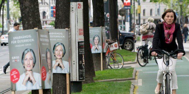 Election campaign posters of independent presidential candidate Irmgard Griss are seen in Vienna, Austria on April 19, 2016.Some 6,3 million Austrians are eligible to vote in presidential elections to take place on April 24, 2016. Candidates from Austria's two main parties look set for defeat in the elections, with polls suggesting they are lagging behind the three frontrunners, including a far-right contender. / AFP / JOE KLAMAR (Photo credit should read JOE KLAMAR/AFP/Getty Images)