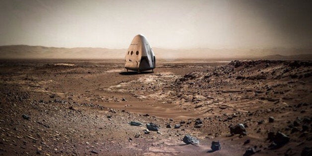 This artist rendering provided by SpaceX shows a Dragon capsule sitting on the surface of Mars. SpaceX is shooting for Mars. The company's billionaire founder and chief executive Elon Musk says he plans to send a Dragon capsule to the red planet as early as 2018. Musk is dubbing his Mars spacecraft Red Dragon. (SpaceX via AP)