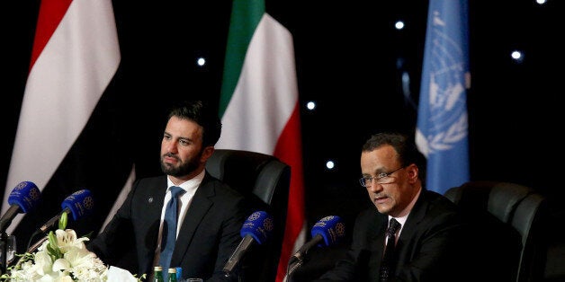 United Nations Special Envoy to Yemen Ismail Ould Cheikh Ahmed (R) and UN spokesman Charbel Raji attend a press conference at Kuwait's information ministery in Kuwait City on April 22, 2016.Delayed peace talks aimed at ending 13 months of conflict in Yemen resumed, a day after UN mediators finally managed to get warring sides to the table. / AFP / YASSER AL-ZAYYAT (Photo credit should read YASSER AL-ZAYYAT/AFP/Getty Images)