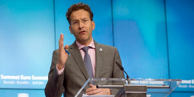 Dutch Finance Minister and chair of the eurogroup finance ministers Jeroen Dijsselbloem speaks during a media conference after a meeting of eurozone heads of state at the EU Council building in Brussels on Monday, July 13, 2015. A summit of eurozone leaders reached a tentative agreement with Greece on Monday for a bailout program that includes