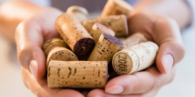 Close up of mixed race man holding wine corks