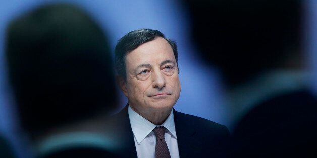 President of European Central Bank, ECB, Mario Draghi speaks during a news conference after a meeting of the governing council in Frankfurt, Germany, Thursday, April 21, 2016. (AP Photo/Michael Probst)