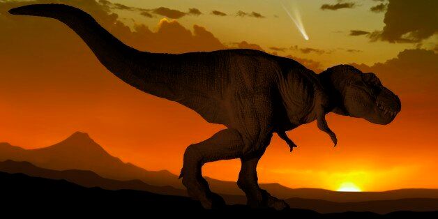 Artwork of a tyrannosaurus seen against a setting or rising sun. Tyrannosaurus was one of the very last dinosaurs, wiped out 65 million years ago during the extinction event that ended the Cretaceous period. Scientists believe that the incident was provoked by the impact of an asteroid or comet with the Earth off the coast of what is now Mexico. In this image, a comet is seen in the sky - perhaps the very comet that will one day spell doom for the dinosaurs.