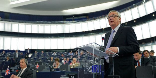 European Commission President Jean-Claude Juncker addresses the European Parliament during a debate on the conclusions of last March 17 and 18 European Council meeting and the outcome of the EU-Turkey summit, at the European Parliament in Strasbourg, France, April 13, 2016. REUTERS/Vincent Kessler